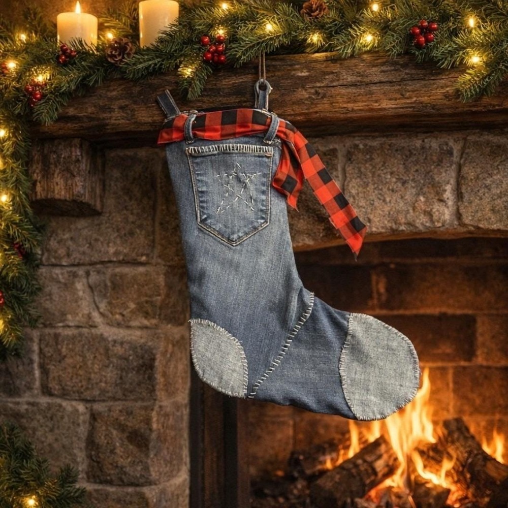 Handmade Rustic Denim Christmas Stocking Buffalo Plaid Red Star‎ Holiday Decor